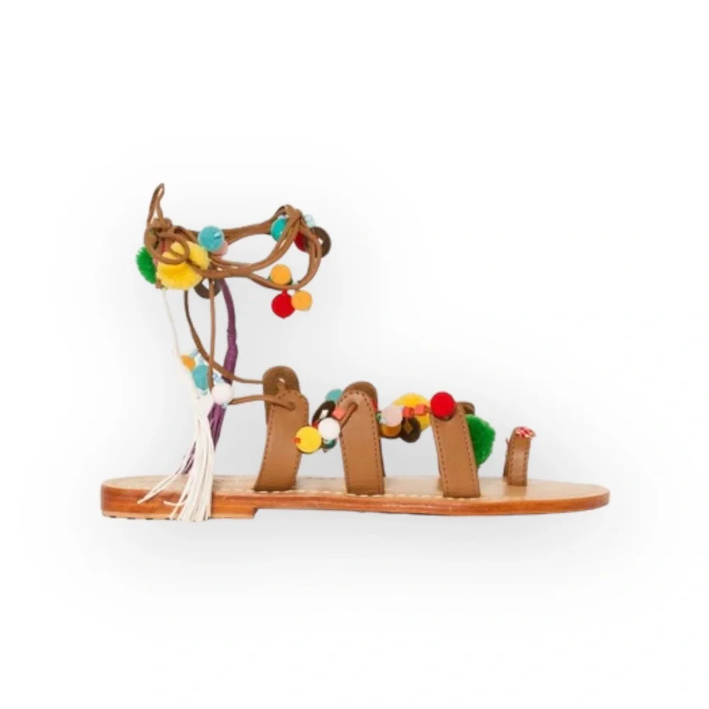 VHTF: new Mystique x Anthro 𖦹 Tokyo Pom Pom Ankle Wrap Toe Loop Leather Sandal - Picture 3 of 16